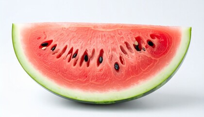 Juicy watermelon slice isolated on white background showing red flesh and black seeds with fresh texture