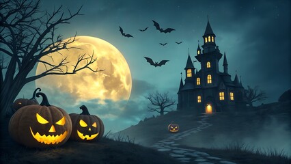 Spooky Halloween Night Scene with Pumpkins Bats Castle and Full Moon