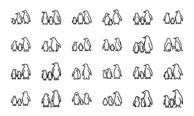 Bird Silhouette Icon Set in Minimal Line Art Style on White Background – Vector Collection of Flying Birds, Penguins, Parrots, Ducks, and Songbirds for Nature and Wildlife Design