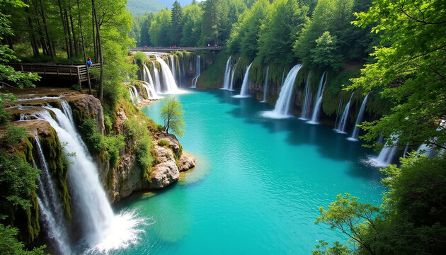 Majestic Large Waterfall Cascading Through Rugged Forest Landscape