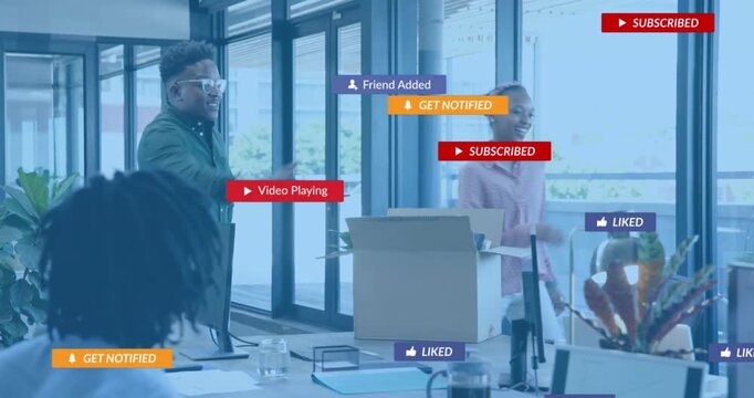 Coworkers entering workspace carrying plants, watching notifications and presenting folders