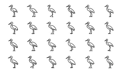 Bird Silhouette Icon Set in Minimal Line Art Style on White Background – Vector Collection of Flying Birds, Penguins, Parrots, Ducks, and Songbirds for Nature and Wildlife Design