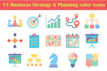 Fototapeta premium Business Strategy and Planning Flat Color Icon Pack for Corporate Management and Project Success