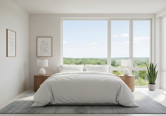 Fototapeta premium Modern bedroom with large window and city view