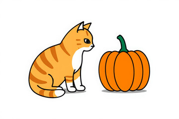 Orange cartoon cat with a pumpkin illustration for Halloween and autumn