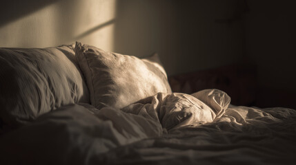 A bed with a pillow, bathed in gentle morning light. Concept of morning awakening, sweet dreams, and sleep hygiene.