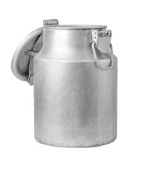 Old aluminum milk can with open lid on transparent background