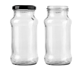 Two empty glass jars with and without black lid on transparent background