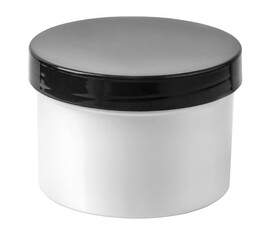 White cosmetic jar with black lid on transparent background