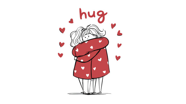 Heartfelt Hug: Girl Embracing with Love Symbols, Vector Illustration