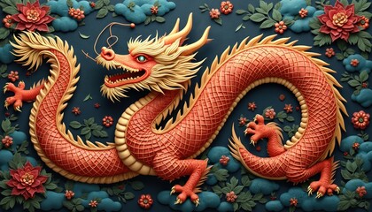 Obraz premium Red chinese dragon art illustration on dark backdrop. Holiday decorative art with flowers, clouds. Mascot lunar art illustration. Dragon good luck symbol chinese year festival. New year greeting card.