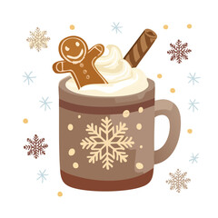Gingerbread Hot Latte Vector Illustration with Whipped Cream, Snowflake Mug, and Festive Cookie