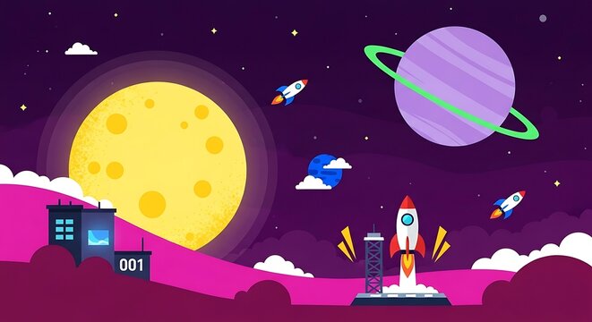 New retro space colony space exploration with rockets launching from a pink planet - Powered by Adobe