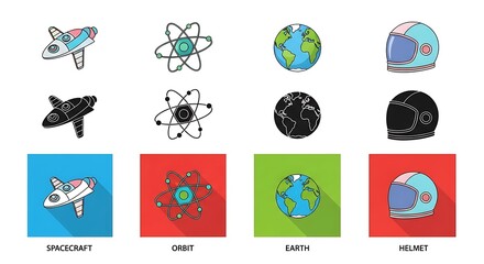 New retro space colony collection of space themed icons with spacecraft, atom, earth, helmet