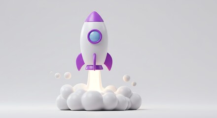New retro space colony cartoon rocket launching with smoke and fire isolated on white background