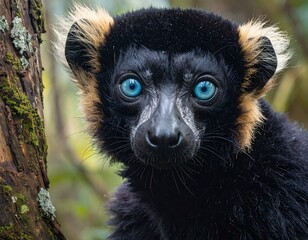 Naklejka premium Close-up of a lemur with striking blue eyes