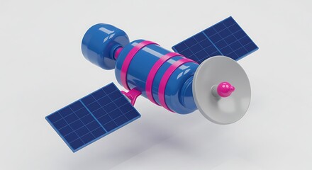 New retro space colony blue and pink cartoon satellite with solar panels