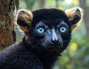 Naklejka premium Close-up of a lemur with striking blue eyes (1)