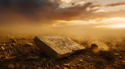 A cracked stone tablet in a desert under golden sky