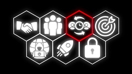 Business Strategy Icons on Black Background with Red Highlighted Hexagon Showing Teamwork and Time connection - Powered by Adobe