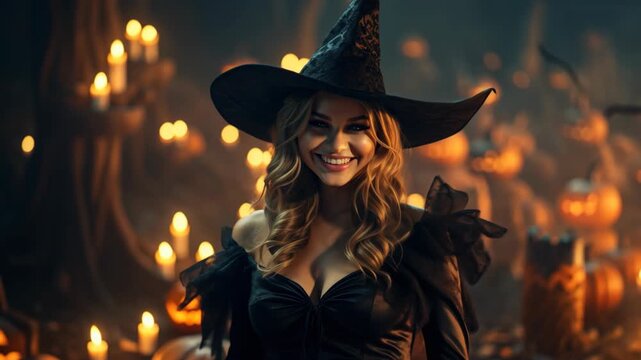 Witch laughs standing against pumpkins and lights at Halloween night, sexy woman in black costume with hat like wizard in forest