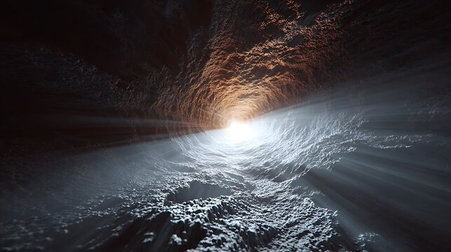 Mysterious cave illuminated by a distant light source, creating a sense of wonder and exploration for the viewers imagination