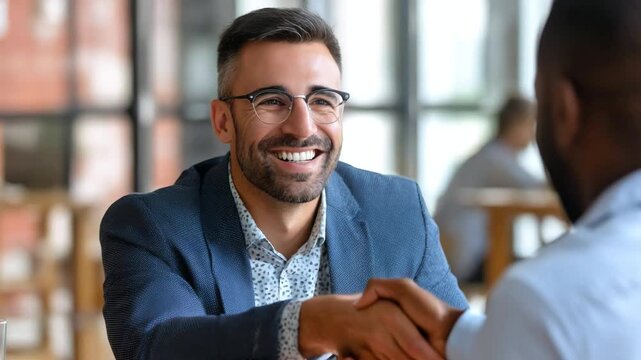 A mature businessman in a suit smiles amiably and shakes hands with a client or partner in a modern office. Concept: closing a deal, contract, cooperation, business