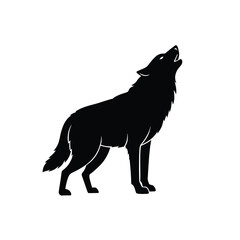 A majestic wolf stands howling at the moon dark silhouette