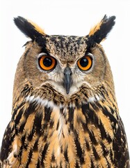 Wild Owl Bird with Big Eyes and Feather Detail Isolated on White Background for Animal Object, Wildlife Concept and Nocturnal Bird Photography