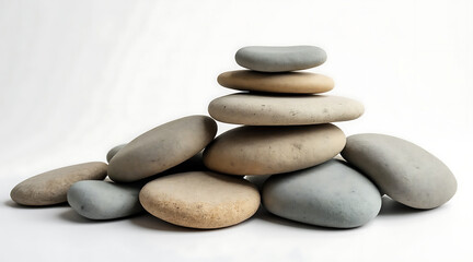 Fototapeta premium Close up studio shot of flat skipping stones stacked in balanced pile with smooth surfaces and natural earthy tones creating calm mood