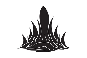 Stylized black silhouette of a fiery flame or tall grass