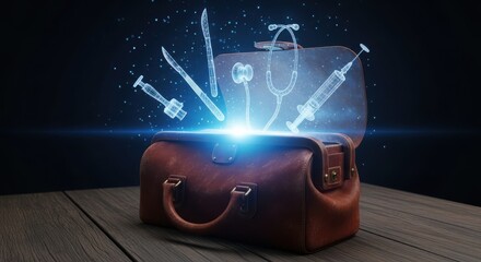 Holographic medical tools emerging from a vintage doctor's bag