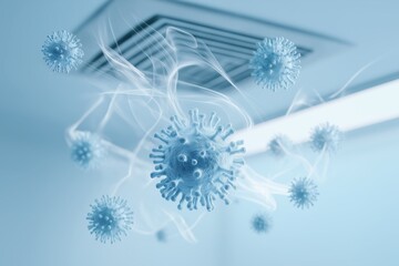 Airborne virus particles spreading from ceiling ventilation system, indoor air quality issue illustrating infection risk and respiratory disease transmission