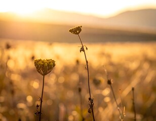 Golden sunset over dried wildflowers