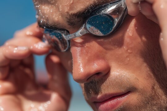 Close up portrait of male swimmer adjusting goggles, focused young athlete with water drops on face preparing for swimming training outdoors