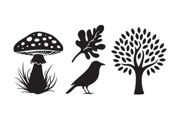 Black silhouette illustrations of forest elements mushroom tree bird leaf