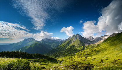 Majestic Mountain Landscape With Lush Greenery And Dramatic Clouds Under A Bright Blue Sky
