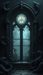 Naklejka premium gothic black window with spider webs and carvings