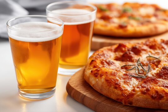 Delicious pepperoni pizza and refreshing beer on wooden board