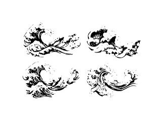 Four Black and White Stylized Wave Illustrations