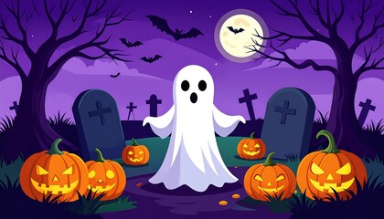 Spooky Halloween scene with ghost and pumpkins