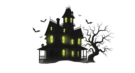 Haunted House Illustration with Spooky Trees and Bats - A Perfect Graphic for Halloween Decorations and Themed Events