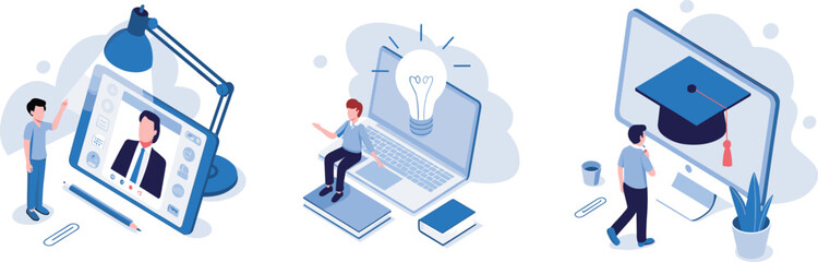 Online learning, digital education, e-learning platform, virtual classroom, remote study, online courses, academic training, technology in education, isometric design, modern education concept