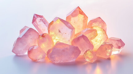 Glowing pink quartz crystal cluster with translucent facets illuminated softly, creating warm and magical atmosphere in close up studio shot