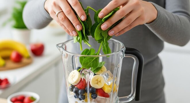 Woman preparing green smoothie by adding spinach to blender with berries and banana. Healthy drink preparation at home involves fruits and vegetables.