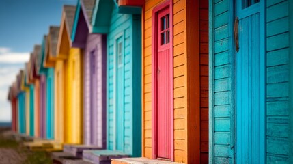 Fototapeta premium Colorful Beach Huts in Vivid Tones Capturing the Essence of Travel and Summertime Bliss