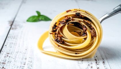 Cooked pasta nests with sauce on a fork