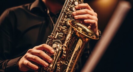 Obraz premium Man playing saxophone in dark room, saxophone player performing a solo. Close-up shot shows saxophone in hands, polished brass instrument gleaming in subdued lighting,