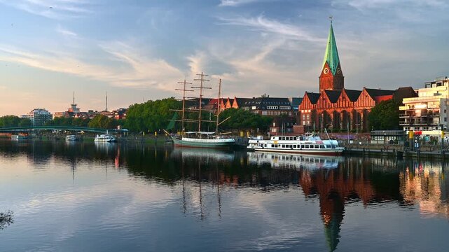 Sunset at Schlachte on the Weser river in the old town of Bremen, Germany
