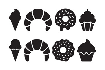 Collection of hand drawn black and white dessert icons